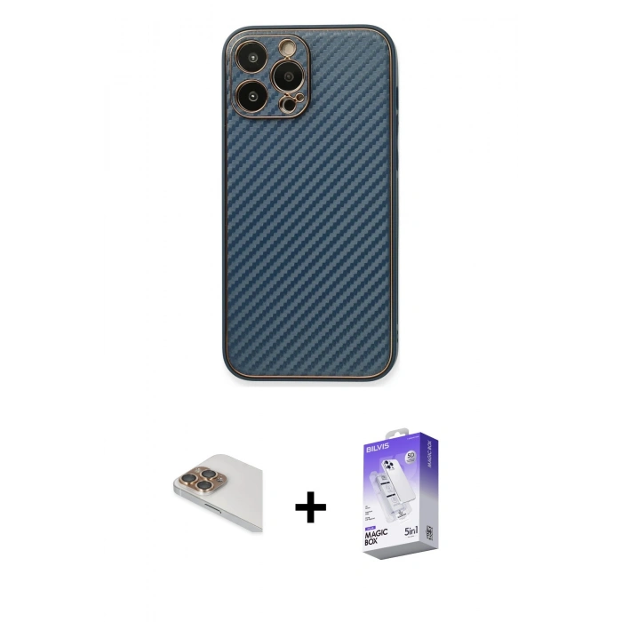 MARSİLYAN™- iPhone 13 Pro Max Kılıf Ahenk Işık - Siyah Bilvis 5in1 3D Magic Cam Ekran Koruyucu + Gold Pers Alüminyum Kamera Lens
