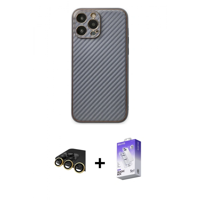 MARSİLYAN™- iPhone 13 Pro Max Kılıf Ahenk Işık - Siyah Bilvis 5in1 3D Magic Cam Ekran Koruyucu + Raze Metal Kamera Lens - GD