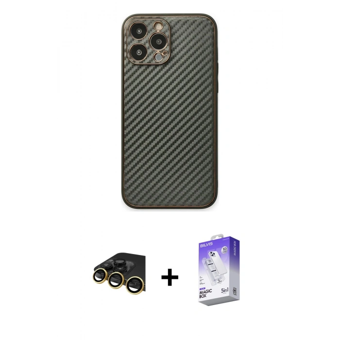 MARSİLYAN™- iPhone 13 Pro Max Kılıf Ahenk Işık - Siyah Bilvis 5in1 3D Magic Cam Ekran Koruyucu + Raze Metal Kamera Lens - GD