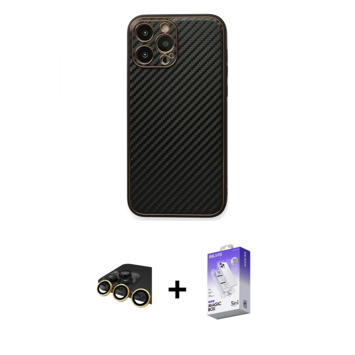MARSİLYAN™- iPhone 13 Pro Max Kılıf Ahenk Işık - Siyah Bilvis 5in1 3D Magic Cam Ekran Koruyucu + Raze Metal Kamera Lens - GD