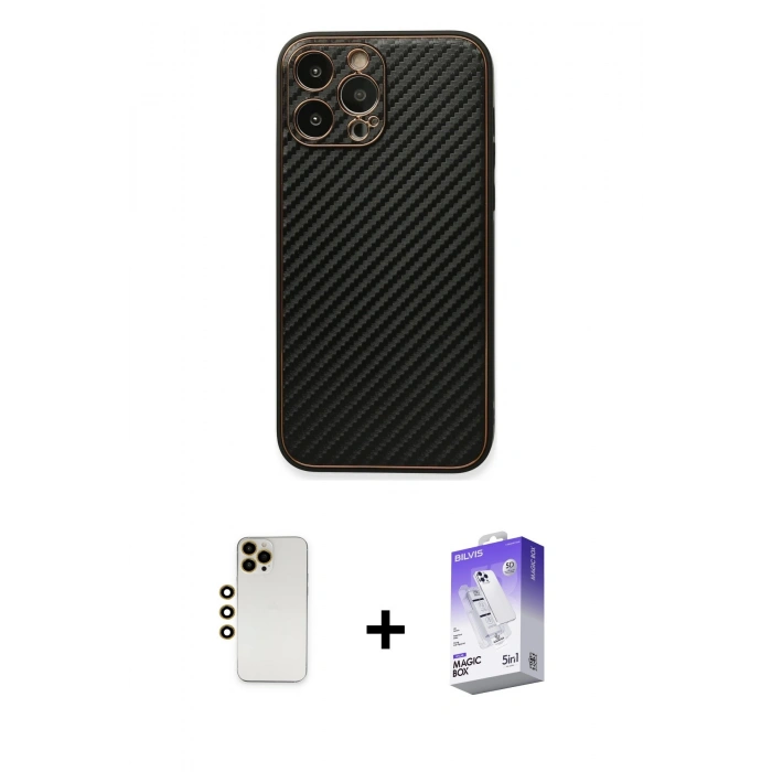MARSİLYAN™- iPhone 13 Pro Max Kılıf Ahenk Işık - Siyah Bilvis 5in1 3D Magic Cam Ekran Koruyucu + Shine Kamera Lens - GD