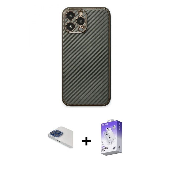 MARSİLYAN™- iPhone 13 Pro Max Kılıf Ahenk Işık - Siyah Bilvis 5in1 3D Magic Cam Ekran Koruyucu + Pers Alüminyum Kamera Lens - LT