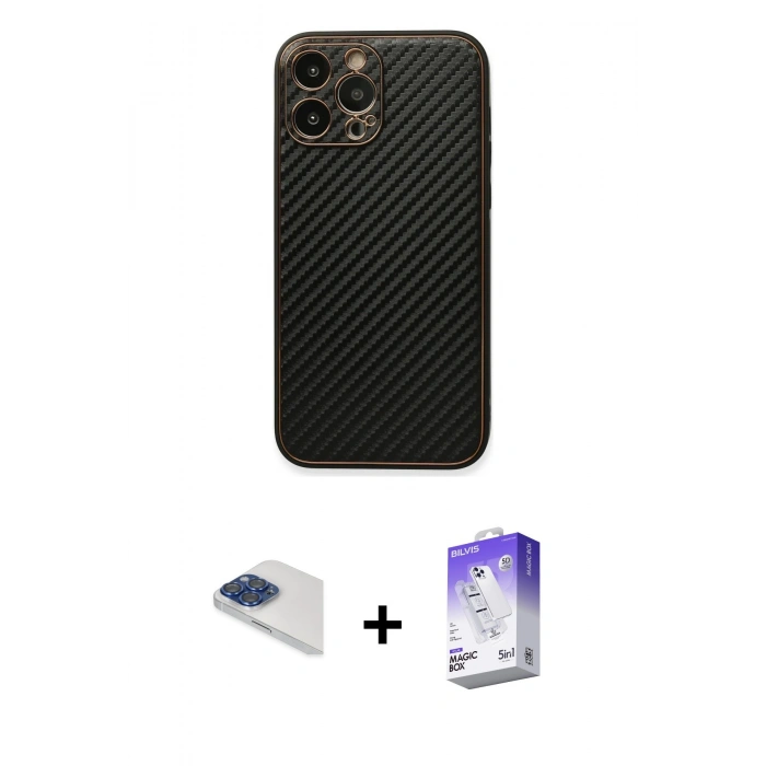 MARSİLYAN™- iPhone 13 Pro Max Kılıf Ahenk Işık - Siyah Bilvis 5in1 3D Magic Cam Ekran Koruyucu + Pers Alüminyum Kamera Lens - LT