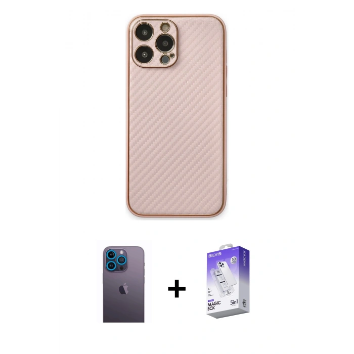 MARSİLYAN™- iPhone 13 Pro Max Kılıf Ahenk Işık - Siyah Bilvis 5in1 3D Magic Cam Ekran Koruyucu + Mavi Neon Fosforlu Kamera Lens