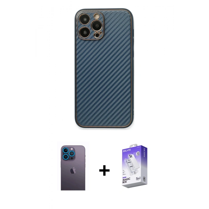 MARSİLYAN™- iPhone 13 Pro Max Kılıf Ahenk Işık - Siyah Bilvis 5in1 3D Magic Cam Ekran Koruyucu + Mavi Neon Fosforlu Kamera Lens