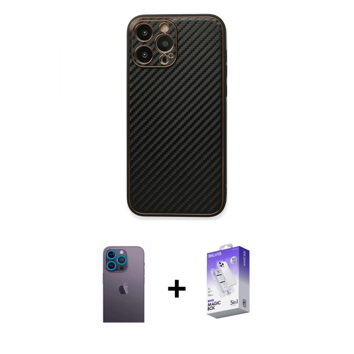 MARSİLYAN™- iPhone 13 Pro Max Kılıf Ahenk Işık - Siyah Bilvis 5in1 3D Magic Cam Ekran Koruyucu + Mavi Neon Fosforlu Kamera Lens