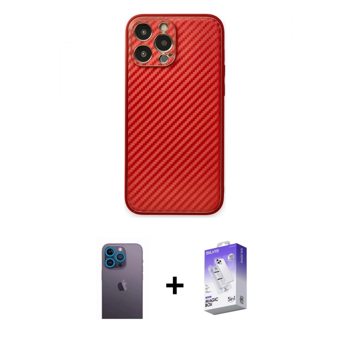 MARSİLYAN™- iPhone 13 Pro Max Kılıf Ahenk Işık - Siyah Bilvis 5in1 3D Magic Cam Ekran Koruyucu + Mavi Neon Fosforlu Kamera Lens