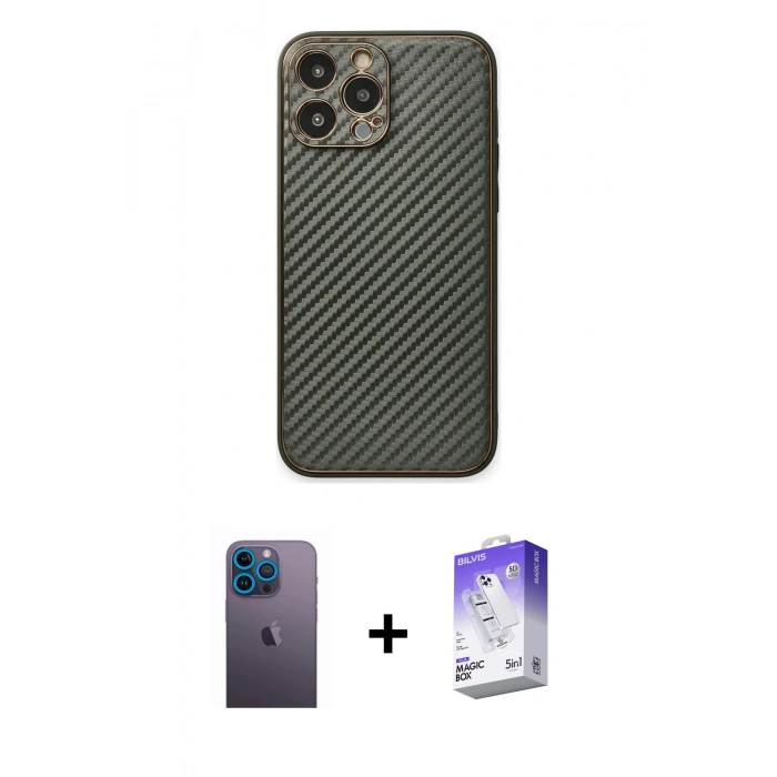 MARSİLYAN™- iPhone 13 Pro Max Kılıf Ahenk Işık - Siyah Bilvis 5in1 3D Magic Cam Ekran Koruyucu + Mavi Neon Fosforlu Kamera Lens