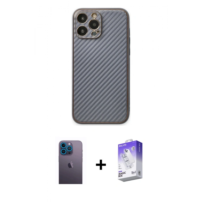 MARSİLYAN™- iPhone 13 Pro Max Kılıf Ahenk Işık - Siyah Bilvis 5in1 3D Magic Cam Ekran Koruyucu + Mavi Neon Fosforlu Kamera Lens