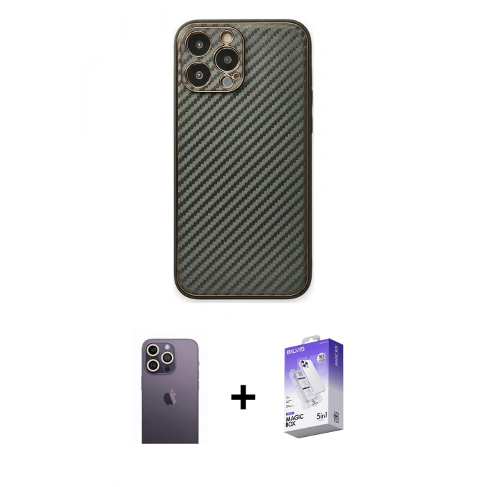 MARSİLYAN™- iPhone 13 Pro Max Kılıf Ahenk Işık - Siyah Bilvis 5in1 3D Magic Cam Ekran Koruyucu + Neon Fosforlu Kamera Lens - BZ