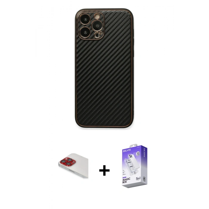 MARSİLYAN™- iPhone 13 Pro Max Kılıf Ahenk Işık - Siyah Bilvis 5in1 3D Magic Cam Ekran Koruyucu + Pers Alüminyum Kamera Lens - KI