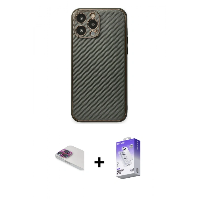 MARSİLYAN™- iPhone 13 Pro Max Kılıf Ahenk Işık - Siyah Bilvis 5in1 3D Magic Cam Ekran Koruyucu + Pers Alüminyum Kamera Lens - GI