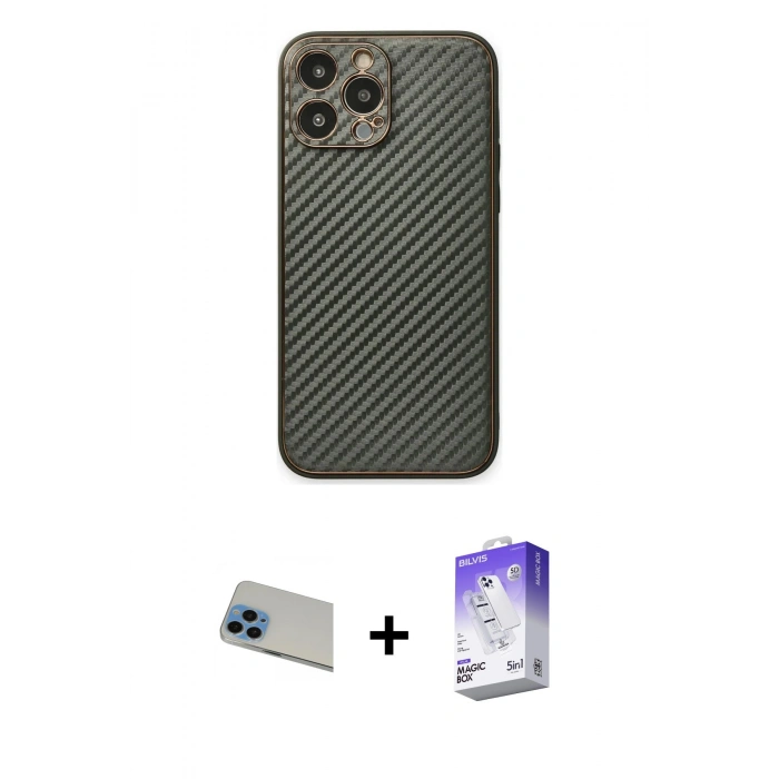 MARSİLYAN™- iPhone 13 Pro Max Kılıf Ahenk Işık - Siyah Bilvis 5in1 3D Magic Cam Ekran Koruyucu + Rainbow Kamera Lens Koruma Cam - MI