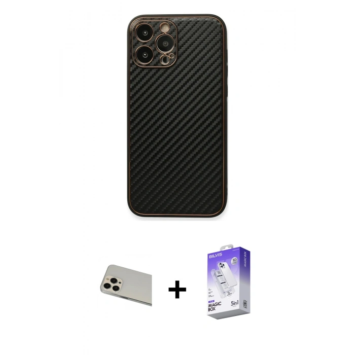 MARSİLYAN™- iPhone 13 Pro Max Kılıf Ahenk Işık - Siyah Bilvis 5in1 3D Magic Cam Ekran Koruyucu + Rainbow Kamera Lens Koruma Cam - REGD