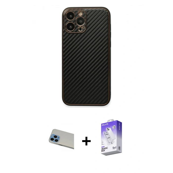MARSİLYAN™- iPhone 13 Pro Max Kılıf Ahenk Işık - Siyah Bilvis 5in1 3D Magic Cam Ekran Koruyucu + Rainbow Kamera Lens Koruma Cam - MI