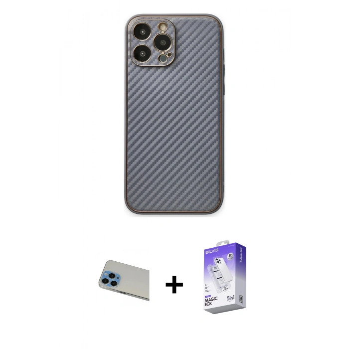 MARSİLYAN™- iPhone 13 Pro Max Kılıf Ahenk Işık - Siyah Bilvis 5in1 3D Magic Cam Ekran Koruyucu + Rainbow Kamera Lens Koruma Cam - MI