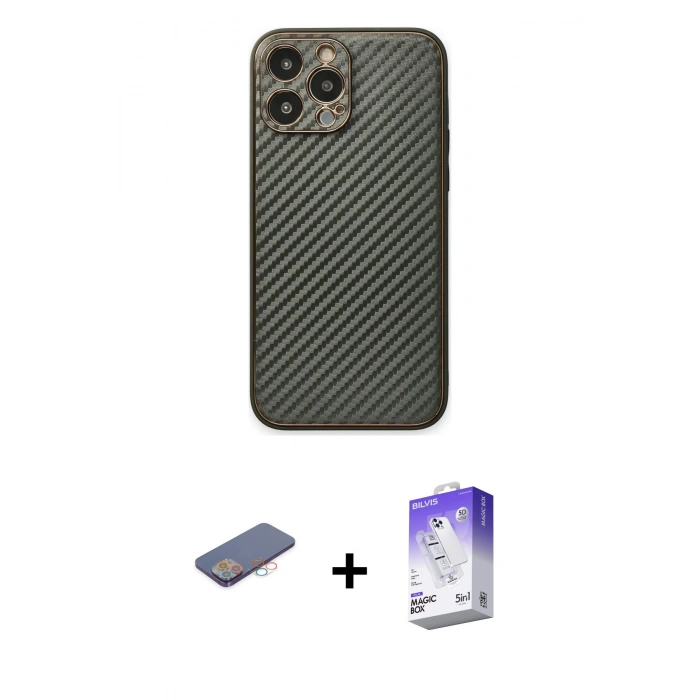 MARSİLYAN™- iPhone 13 Pro Max Kılıf Ahenk Işık - Siyah Bilvis 5in1 3D Magic Cam Ekran Koruyucu + Renkli Kamera Lens Koruma Cam - PE