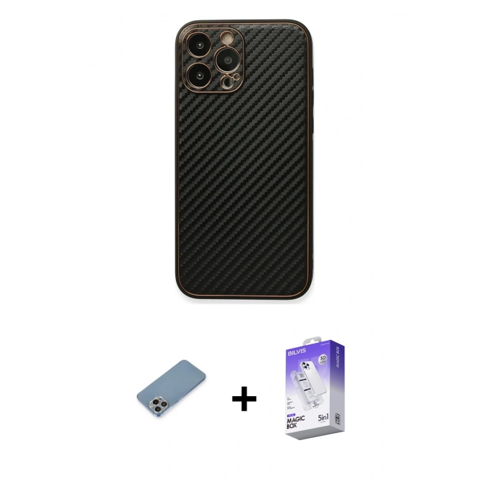 MARSİLYAN™- iPhone 13 Pro Max Kılıf Ahenk Işık - Siyah Bilvis 5in1 3D Magic Cam Ekran Koruyucu + Shine Kamera Lens Koruma Cam - GI