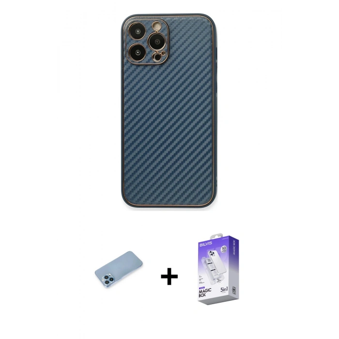 MARSİLYAN™- iPhone 13 Pro Max Kılıf Ahenk Işık - Siyah Bilvis 5in1 3D Magic Cam Ekran Koruyucu + Shine Kamera Lens Koruma Cam - MI