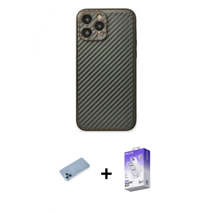 MARSİLYAN™- iPhone 13 Pro Max Kılıf Ahenk Işık - Siyah Bilvis 5in1 3D Magic Cam Ekran Koruyucu + Shine Kamera Lens Koruma Cam - MI