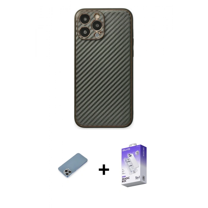 MARSİLYAN™- iPhone 13 Pro Max Kılıf Ahenk Işık - Siyah Bilvis 5in1 3D Magic Cam Ekran Koruyucu + Shine Kamera Lens Koruma Cam - GI