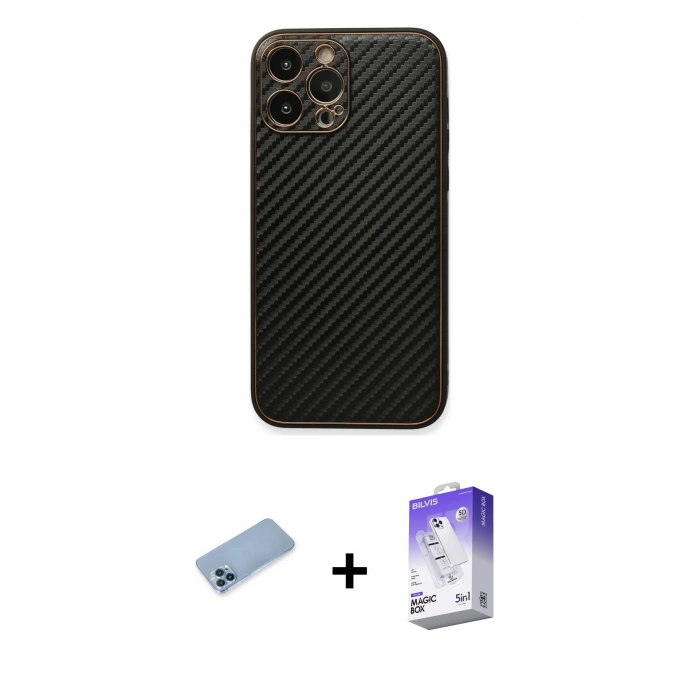 MARSİLYAN™- iPhone 13 Pro Max Kılıf Ahenk Işık - Siyah Bilvis 5in1 3D Magic Cam Ekran Koruyucu + Shine Kamera Lens Koruma Cam - MI