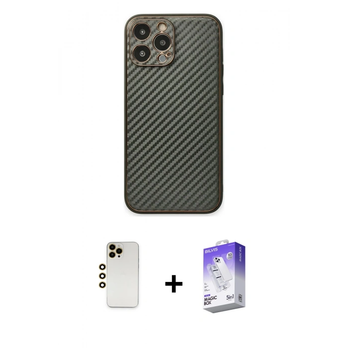 MARSİLYAN™- iPhone 13 Pro Max Kılıf Ahenk Işık - Siyah Bilvis 5in1 3D Magic Cam Ekran Koruyucu + Shine Kamera Lens - GD