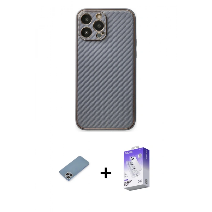 MARSİLYAN™- iPhone 13 Pro Max Kılıf Ahenk Işık - Siyah Bilvis 5in1 3D Magic Cam Ekran Koruyucu + Shine Kamera Lens Koruma Cam - GI
