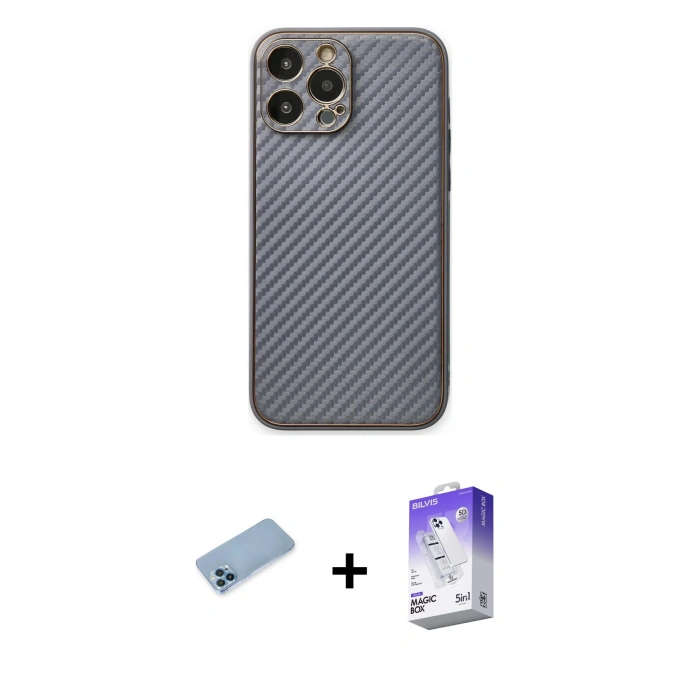 MARSİLYAN™- iPhone 13 Pro Max Kılıf Ahenk Işık - Siyah Bilvis 5in1 3D Magic Cam Ekran Koruyucu + Shine Kamera Lens Koruma Cam - MI