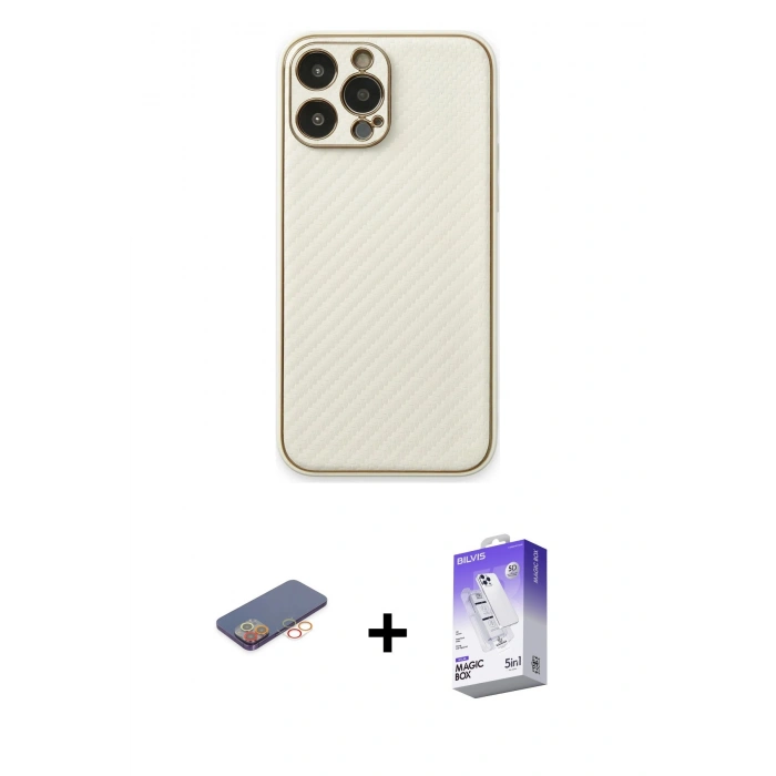 MARSİLYAN™- iPhone 13 Pro Max Kılıf Ahenk Işık - Siyah Bilvis 5in1 3D Magic Cam Ekran Koruyucu + Turuncu Renkli Kamera Lens Koruma Cam