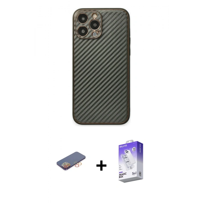 MARSİLYAN™- iPhone 13 Pro Max Kılıf Ahenk Işık - Siyah Bilvis 5in1 3D Magic Cam Ekran Koruyucu + Turuncu Renkli Kamera Lens Koruma Cam