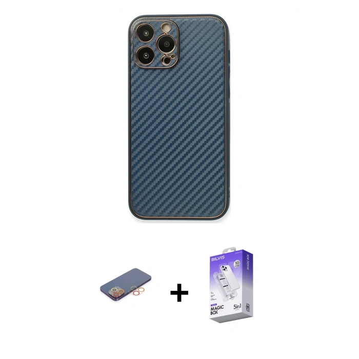 MARSİLYAN™- iPhone 13 Pro Max Kılıf Ahenk Işık - Siyah Bilvis 5in1 3D Magic Cam Ekran Koruyucu + Turuncu Renkli Kamera Lens Koruma Cam