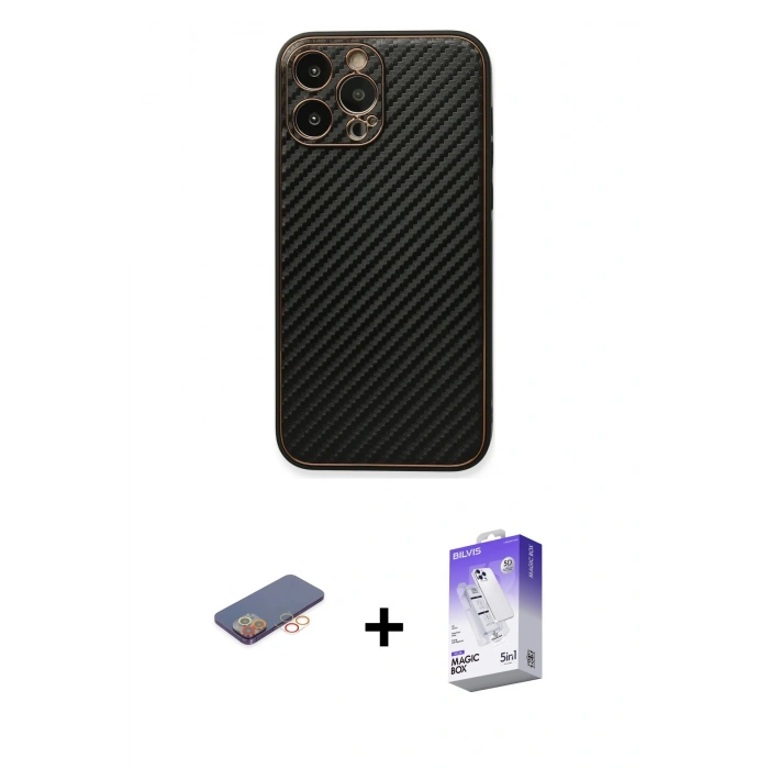 MARSİLYAN™- iPhone 13 Pro Max Kılıf Ahenk Işık - Siyah Bilvis 5in1 3D Magic Cam Ekran Koruyucu + Turuncu Renkli Kamera Lens Koruma Cam