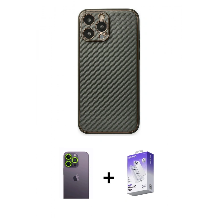 MARSİLYAN™- iPhone 13 Pro Max Kılıf Ahenk Işık - Siyah Bilvis 5in1 3D Magic Cam Ekran Koruyucu + Yeşil Neon Fosforlu Kamera Lens