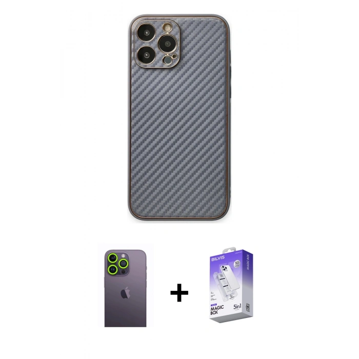 MARSİLYAN™- iPhone 13 Pro Max Kılıf Ahenk Işık - Siyah Bilvis 5in1 3D Magic Cam Ekran Koruyucu + Yeşil Neon Fosforlu Kamera Lens