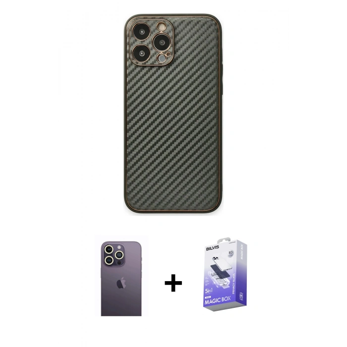MARSİLYAN™- iPhone 13 Pro Max Kılıf Ahenk Işık - Siyah Bilvis 5in1 5D Magic Hayalet Cam Ekran Koruyucu + Neon Fosforlu Kamera Lens - BZ