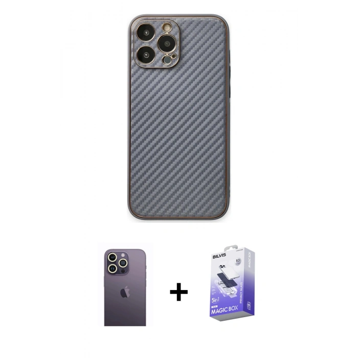 MARSİLYAN™- iPhone 13 Pro Max Kılıf Ahenk Işık - Siyah Bilvis 5in1 5D Magic Hayalet Cam Ekran Koruyucu + Neon Fosforlu Kamera Lens - BZ