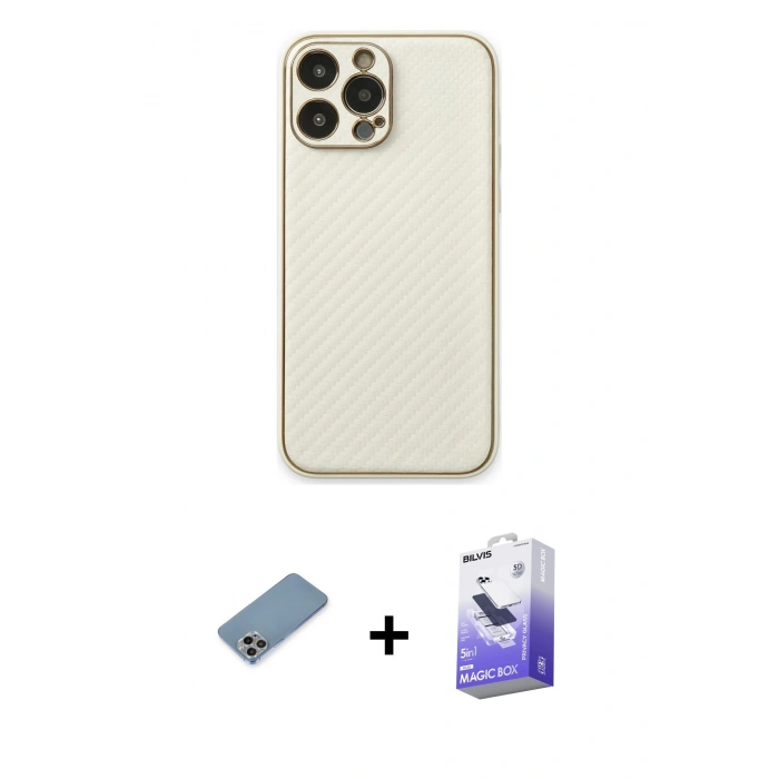 MARSİLYAN™- iPhone 13 Pro Max Kılıf Ahenk Işık - Siyah Bilvis 5in1 5D Magic Hayalet Cam Ekran Koruyucu + Gökkuşağı Shine Kamera Lens Koruma Cam