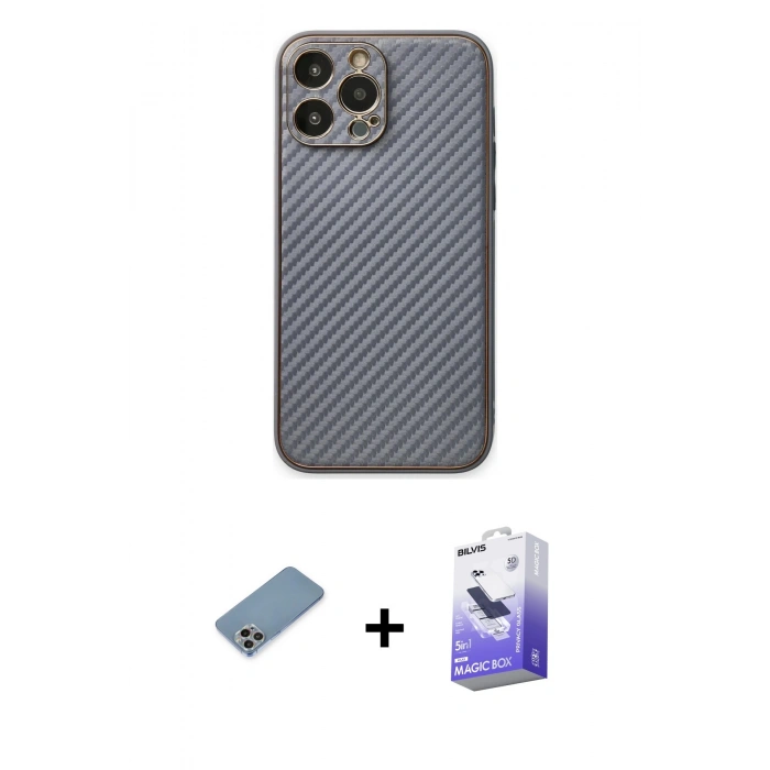 MARSİLYAN™- iPhone 13 Pro Max Kılıf Ahenk Işık - Siyah Bilvis 5in1 5D Magic Hayalet Cam Ekran Koruyucu + Gökkuşağı Shine Kamera Lens Koruma Cam