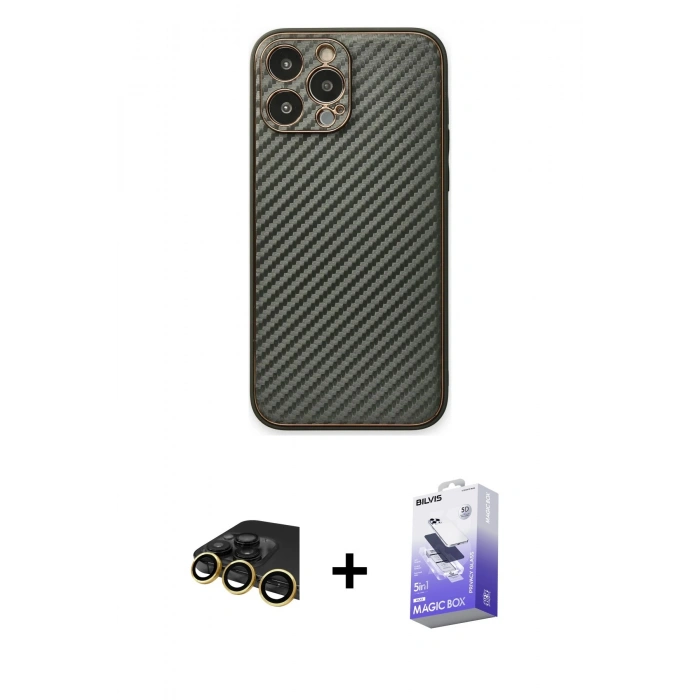 MARSİLYAN™- iPhone 13 Pro Max Kılıf Ahenk Işık - Siyah Bilvis 5in1 5D Magic Hayalet Cam Ekran Koruyucu + Gold Raze Metal Kamera Lens