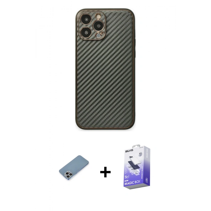MARSİLYAN™- iPhone 13 Pro Max Kılıf Ahenk Işık - Siyah Bilvis 5in1 5D Magic Hayalet Cam Ekran Koruyucu + Gökkuşağı Shine Kamera Lens Koruma Cam