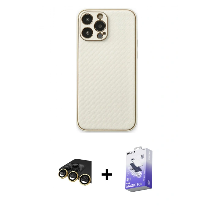 MARSİLYAN™- iPhone 13 Pro Max Kılıf Ahenk Işık - Siyah Bilvis 5in1 5D Magic Hayalet Cam Ekran Koruyucu + Gold Raze Metal Kamera Lens