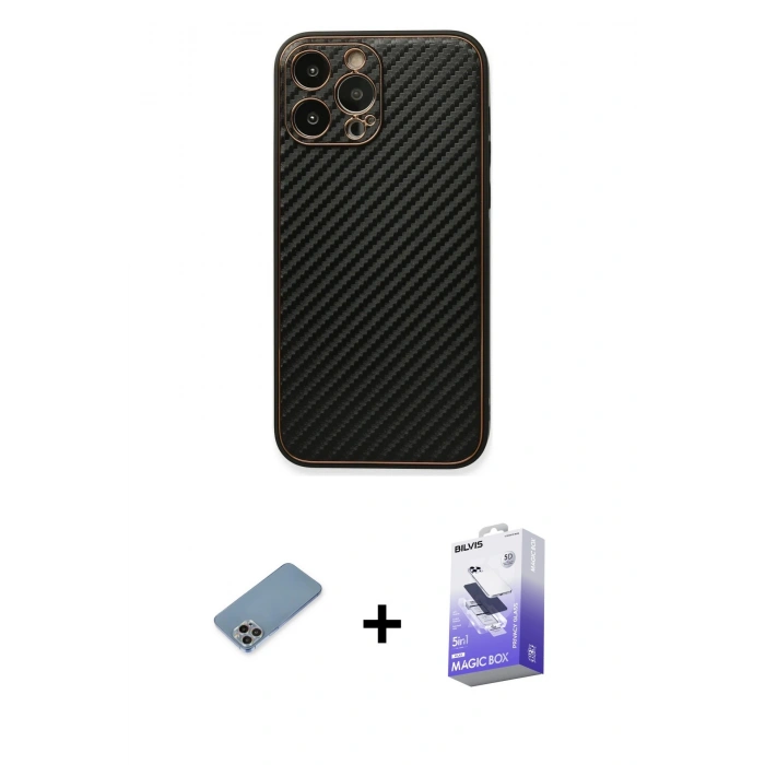 MARSİLYAN™- iPhone 13 Pro Max Kılıf Ahenk Işık - Siyah Bilvis 5in1 5D Magic Hayalet Cam Ekran Koruyucu + Gökkuşağı Shine Kamera Lens Koruma Cam