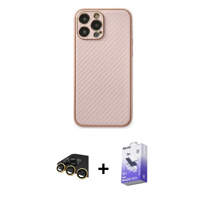 MARSİLYAN™- iPhone 13 Pro Max Kılıf Ahenk Işık - Siyah Bilvis 5in1 5D Magic Hayalet Cam Ekran Koruyucu + Gold Raze Metal Kamera Lens