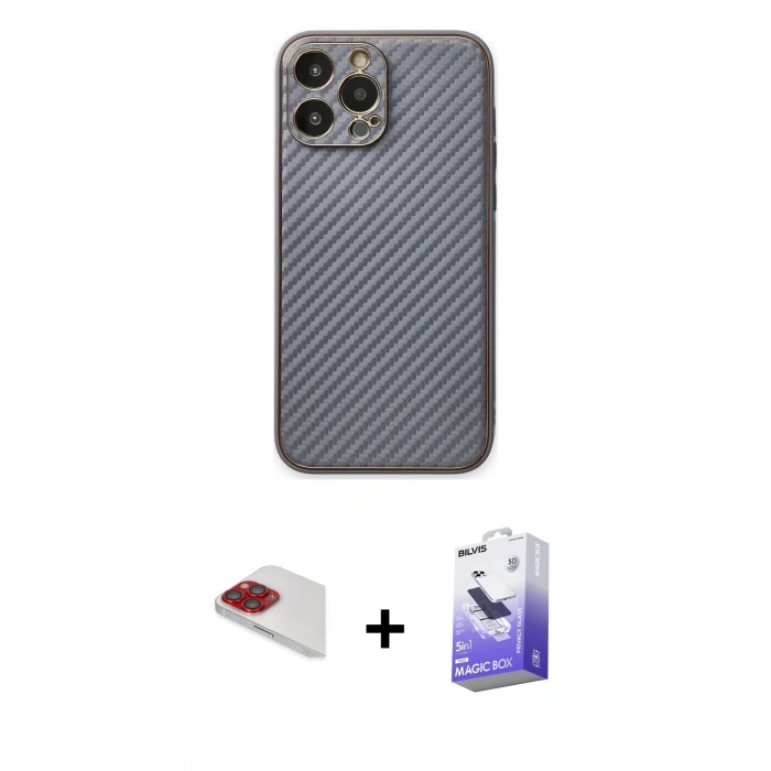 MARSİLYAN™- iPhone 13 Pro Max Kılıf Ahenk Işık - Siyah Bilvis 5in1 5D Magic Hayalet Cam Ekran Koruyucu + Pers Alüminyum Kamera Lens - KI