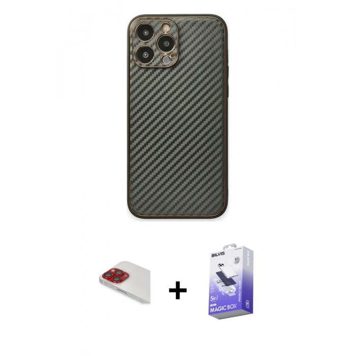 MARSİLYAN™- iPhone 13 Pro Max Kılıf Ahenk Işık - Siyah Bilvis 5in1 5D Magic Hayalet Cam Ekran Koruyucu + Pers Alüminyum Kamera Lens - KI