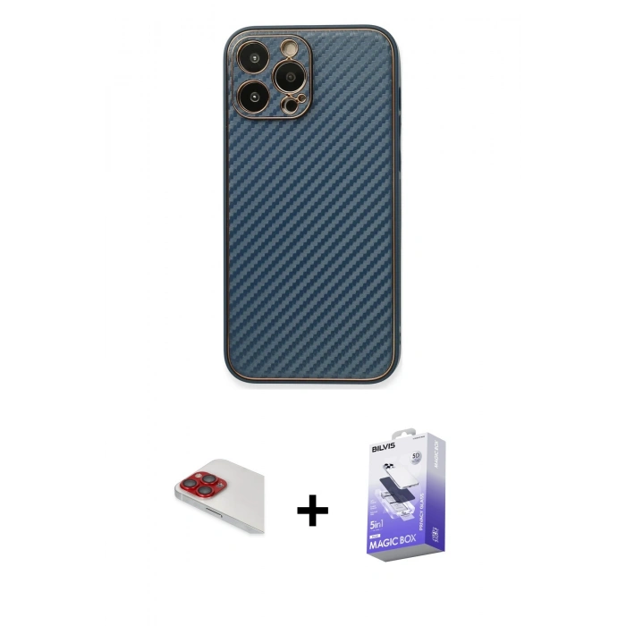 MARSİLYAN™- iPhone 13 Pro Max Kılıf Ahenk Işık - Siyah Bilvis 5in1 5D Magic Hayalet Cam Ekran Koruyucu + Pers Alüminyum Kamera Lens - KI