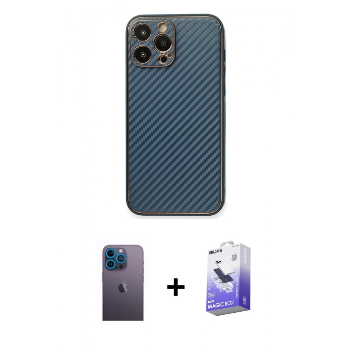 MARSİLYAN™- iPhone 13 Pro Max Kılıf Ahenk Işık - Siyah Bilvis 5in1 5D Magic Hayalet Cam Ekran Koruyucu + Neon Fosforlu Kamera Lens - MI