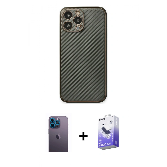 MARSİLYAN™- iPhone 13 Pro Max Kılıf Ahenk Işık - Siyah Bilvis 5in1 5D Magic Hayalet Cam Ekran Koruyucu + Neon Fosforlu Kamera Lens - MI