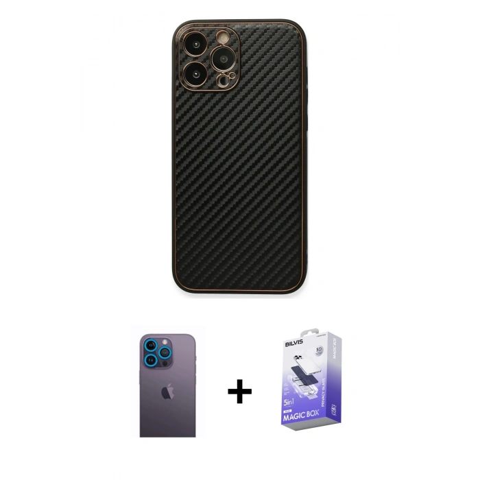 MARSİLYAN™- iPhone 13 Pro Max Kılıf Ahenk Işık - Siyah Bilvis 5in1 5D Magic Hayalet Cam Ekran Koruyucu + Neon Fosforlu Kamera Lens - MI